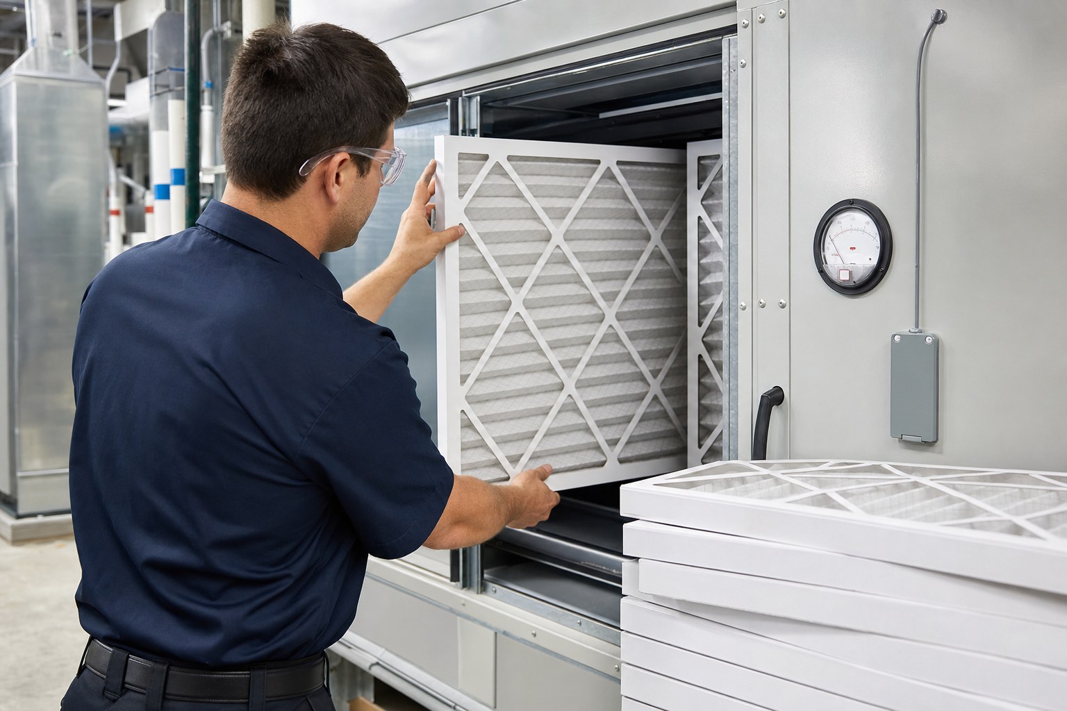SoCal Filters technician installing a pleated filter into an air handler filter bank