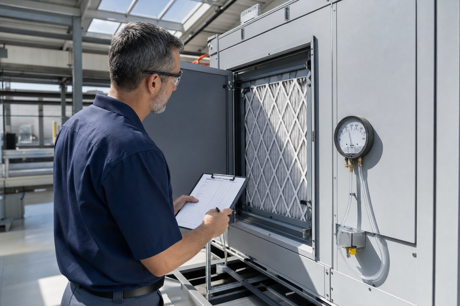 SoCal Filters technician documenting equipment on rooftop air handler survey